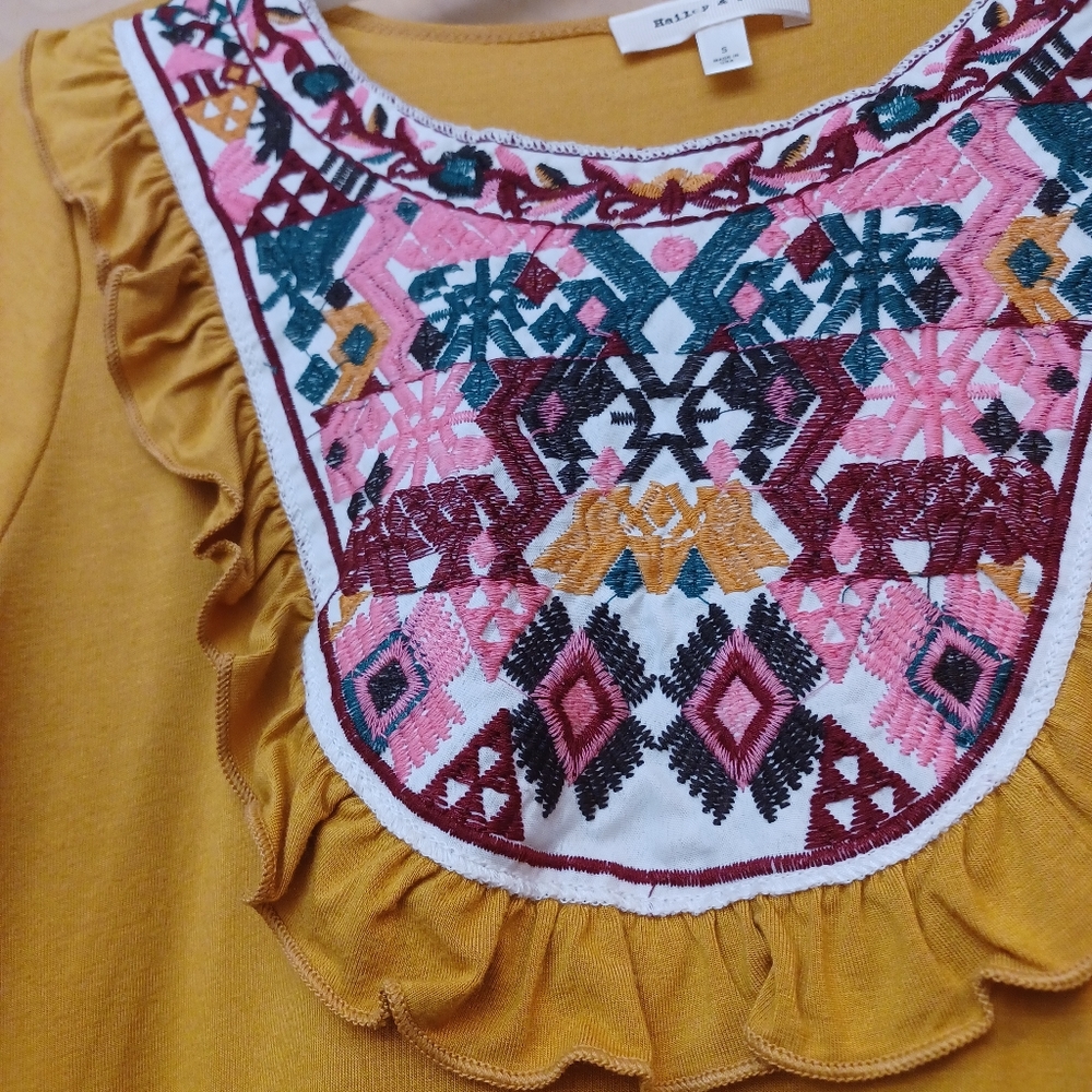 Yellow Boho Ruffle Embroidered Top S Boho Hailey … - image 5